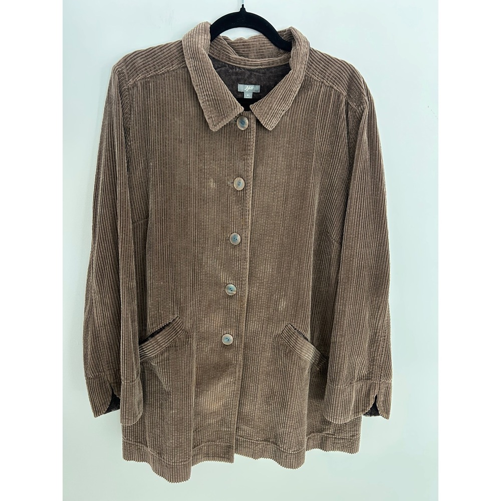 J. Jill Brown Corduroy Button Front Jacket XL Cotton Pleated Back Pocketed